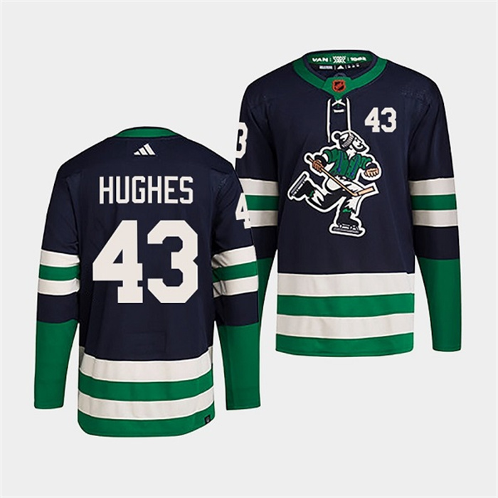 Men's Vancouver Canucks #43 Quinn Hughes Navy 2022 Reverse Retro Stitched Jersey Men's Vancouver Canucks #43 Quinn Hughes Navy 2022 Reverse Retro Stitched Jersey