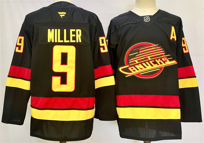 Men's Vancouver Canucks #9 J.T. Miller Black 2024-25 With A Patch Alternate Stitched Hockey Jersey Men's Vancouver Canucks #9 J.T. Miller Black 2024-25 With A Patch Alternate Stitched Hockey Jersey