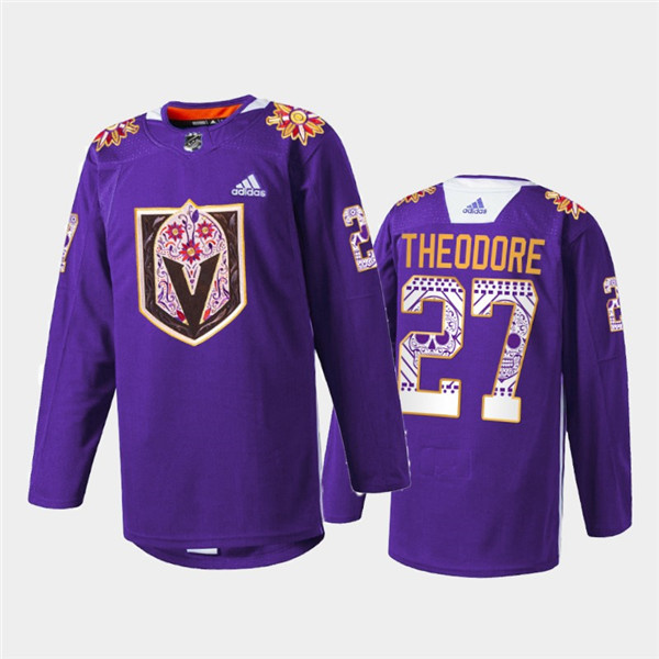 Men's Vegas Golden Knights #27 Shea Theodore Purple Hispanic Heritage Warmup Stitched Jersey Men's Vegas Golden Knights #27 Shea Theodore Purple Hispanic Heritage Warmup Stitched Jersey