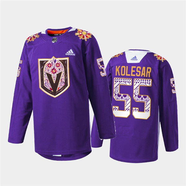 Men's Vegas Golden Knights #55 Keegan Kolesar Purple Hispanic Heritage Warmup Stitched Jersey Men's Vegas Golden Knights #55 Keegan Kolesar Purple Hispanic Heritage Warmup Stitched Jersey