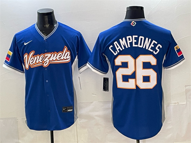 Men's Venezuela Baseball #26 Campeones Royal 2026 World Baseball Classic Road Stadium Stitched Jersey Men's Venezuela Baseball #26 Campeones Royal 2026 World Baseball Classic Road Stadium Stitched Jersey