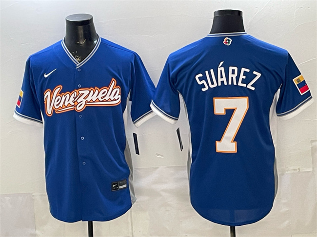 Men's Venezuela Baseball #7 Eugenio Suárez Royal 2026 World Baseball Classic Road Stadium Stitched Jersey Men's Venezuela Baseball #7 Eugenio Suárez Royal 2026 World Baseball Classic Road Stadium Stitched Jersey