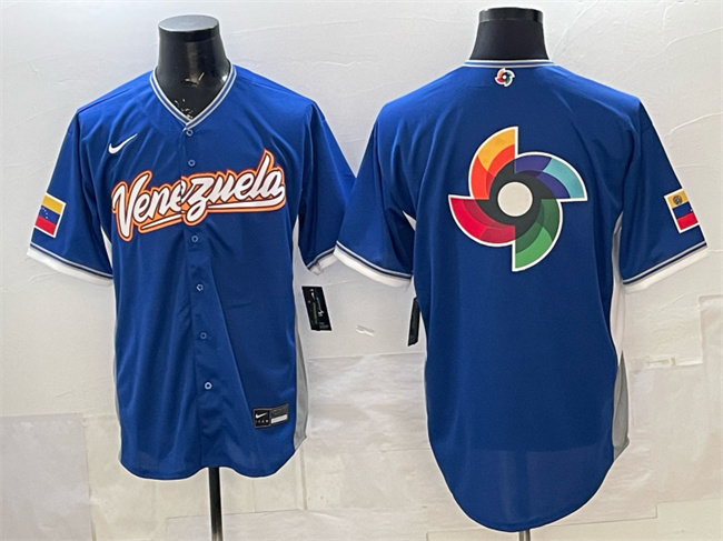 Men's Venezuela Baseball Blue 2026 World Baseball Classic Big Logo Road Stadium Stitched Jersey Men's Venezuela Baseball Blue 2026 World Baseball Classic Big Logo Road Stadium Stitched Jersey