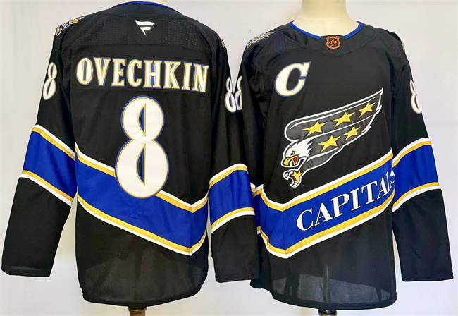 Men's Washington Capitals #8 Alexander Ovechkin Black 2024-25 C Patch Home Stitched Hockey Jersey Men's Washington Capitals #8 Alexander Ovechkin Black 2024-25 C Patch Home Stitched Hockey Jersey