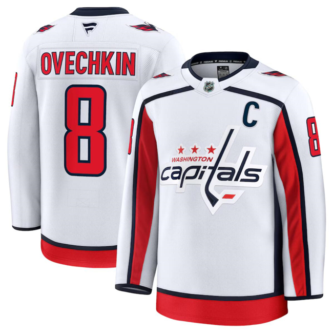 Men's Washington Capitals #8 Alexander Ovechkin White 2024-25 Away Stitched Hockey Jersey Men's Washington Capitals #8 Alexander Ovechkin White 2024-25 Away Stitched Hockey Jersey