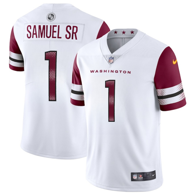 Men's Washington Commanders #1 Deebo Samuel Sr White 2025 Vapor Limited Stitched Football Jersey Men's Washington Commanders #1 Deebo Samuel Sr White 2025 Vapor Limited Stitched Football Jersey