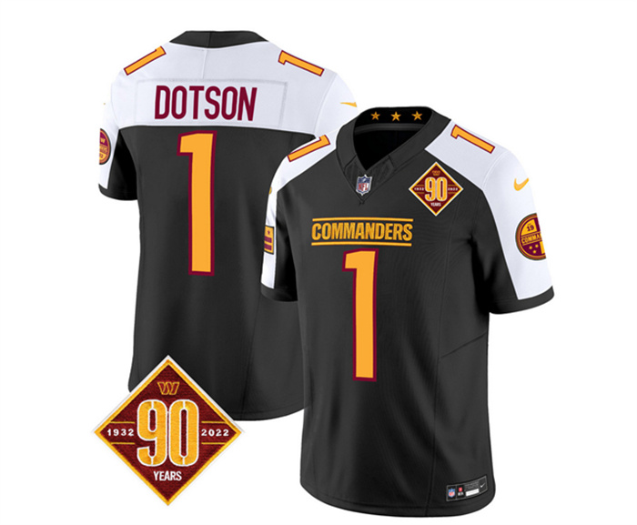 Men's Washington Commanders #1 Jahan Dotson Black White 2023 F.U.S.E. 90th Anniversary Vapor Limited Stitched Football Jersey Men's Washington Commanders #1 Jahan Dotson Black White 2023 F.U.S.E. 90th Anniversary Vapor Limited Stitched Football Jersey