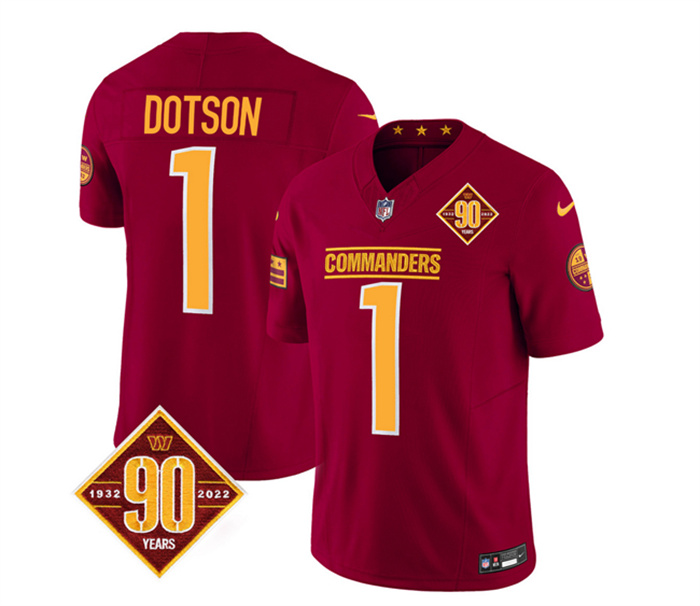 Men's Washington Commanders #1 Jahan Dotson Burgundy 2023 F.U.S.E. 90th Anniversary Vapor Limited Stitched Football Jersey Men's Washington Commanders #1 Jahan Dotson Burgundy 2023 F.U.S.E. 90th Anniversary Vapor Limited Stitched Football Jersey