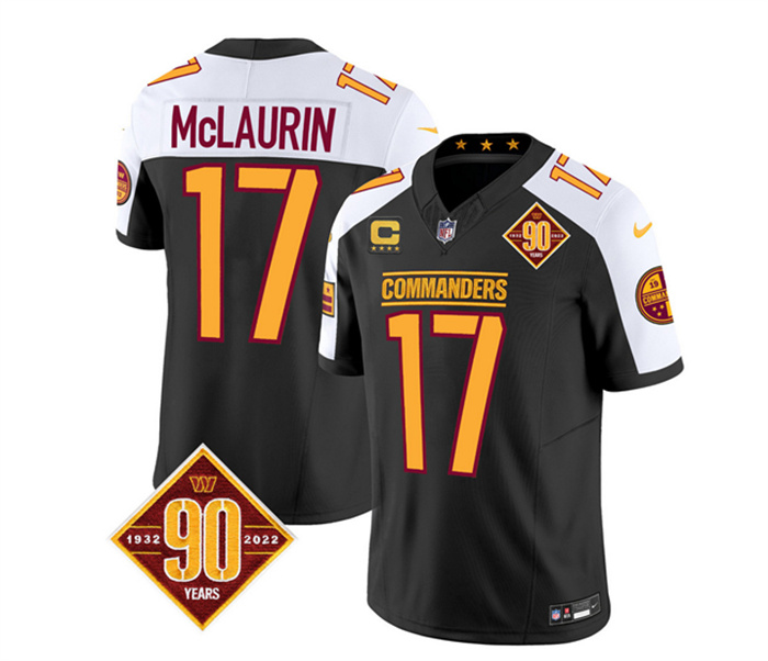 Men's Washington Commanders #17 Terry McLaurin Black White 2023 F.U.S.E. With 4-Star C Patch 90th Anniversary Vapor Limited Stitched Football Jersey Men's Washington Commanders #17 Terry McLaurin Black White 2023 F.U.S.E. With 4-Star C Patch 90th Anniversary Vapor Limited Stitched Football Jersey