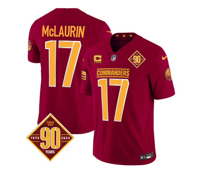 Men's Washington Commanders #17 Terry McLaurin Burgundy 2023 F.U.S.E. With 4-Star C Patch 90th Anniversary Vapor Limited Stitched Football Jersey Men's Washington Commanders #17 Terry McLaurin Burgundy 2023 F.U.S.E. With 4-Star C Patch 90th Anniversary Vapor Limited Stitched Football Jersey
