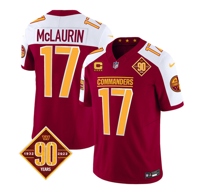 Men's Washington Commanders #17 Terry McLaurin Burgundy White 2023 F.U.S.E. 90th Anniversary Vapor Limited Stitched Football Jersey Men's Washington Commanders #17 Terry McLaurin Burgundy White 2023 F.U.S.E. 90th Anniversary Vapor Limited Stitched Football Jersey
