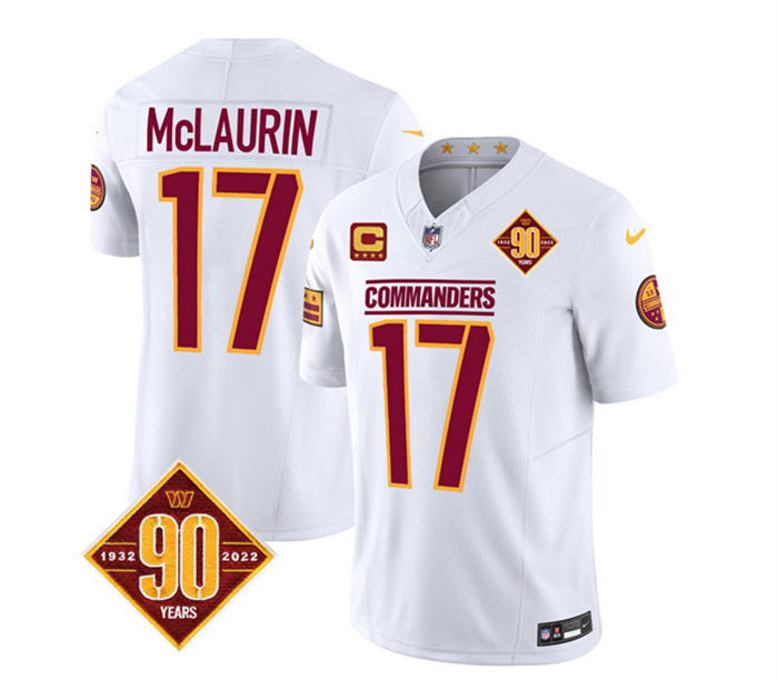Men's Washington Commanders #17 Terry McLaurin White 2023 F.U.S.E. With 4-Star C Patch 90th Anniversary Vapor Limited Stitched Football Jersey Men's Washington Commanders #17 Terry McLaurin White 2023 F.U.S.E. With 4-Star C Patch 90th Anniversary Vapor Limited Stitched Football Jersey