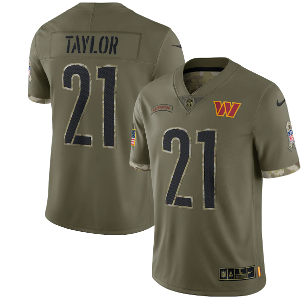 Men's Washington Commanders #21 Sean Taylor Olive 2022 Salute To Service Limited Stitched Jersey Men's Washington Commanders #21 Sean Taylor Olive 2022 Salute To Service Limited Stitched Jersey