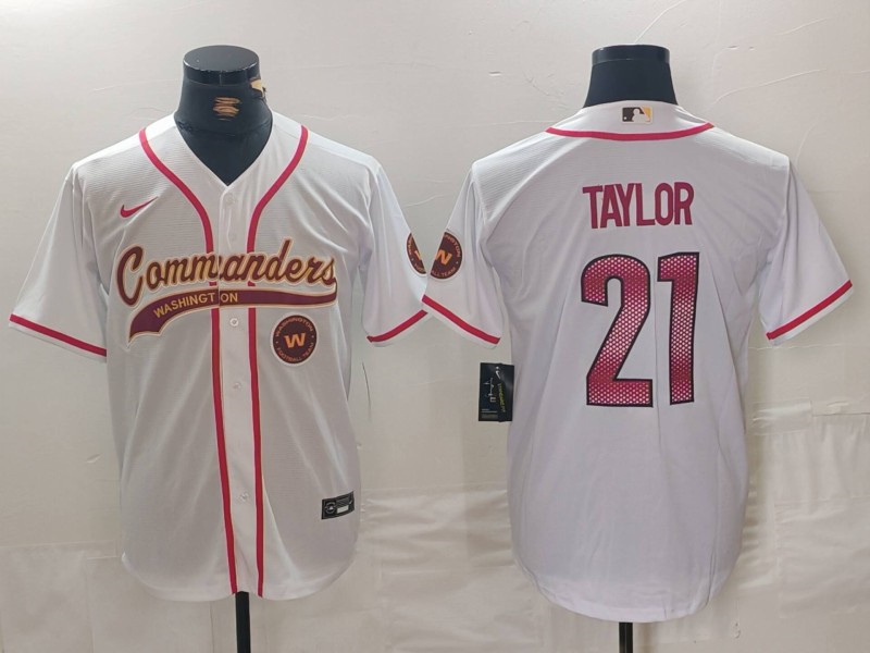 Men's Washington Commanders #21 Sean Taylor White With Patch Cool Base Stitched Baseball Jersey 1 Men's Washington Commanders #21 Sean Taylor White With Patch Cool Base Stitched Baseball Jersey 1