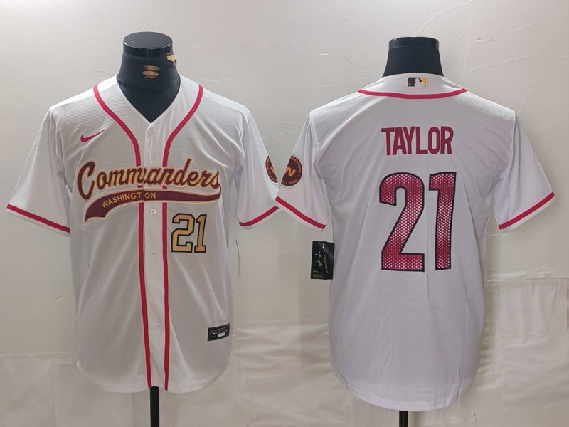 Men's Washington Commanders #21 Sean Taylor White With Patch Cool Base Stitched Baseball Jersey 2 Men's Washington Commanders #21 Sean Taylor White With Patch Cool Base Stitched Baseball Jersey 2