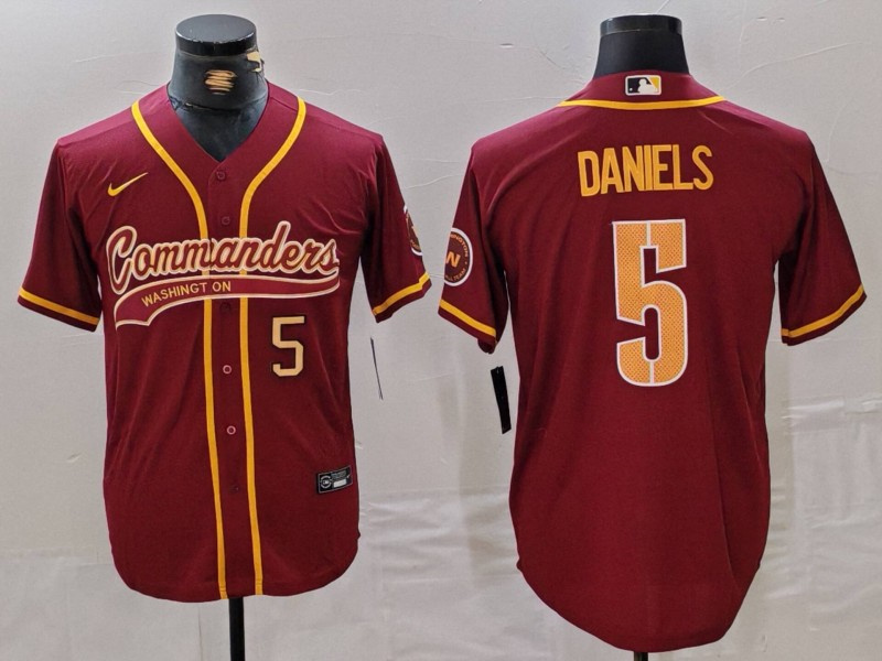 Men's Washington Commanders #5 Jayden Daniels Burgundy With Patch Cool Base Stitched Baseball Jersey 1 Men's Washington Commanders #5 Jayden Daniels Burgundy With Patch Cool Base Stitched Baseball Jersey 1