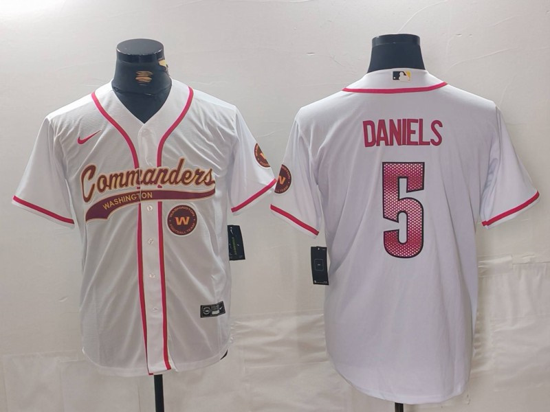 Men's Washington Commanders #5 Jayden Daniels White With Patch Cool Base Stitched Baseball Jersey 5