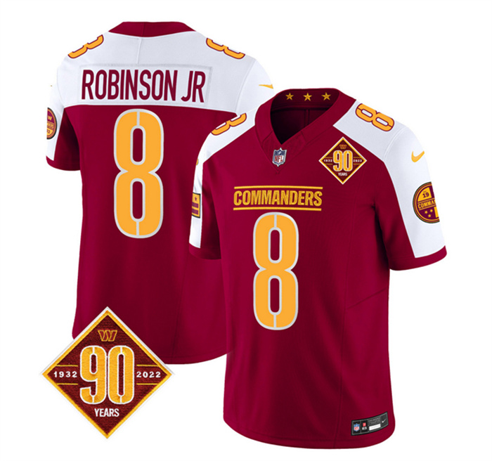 Men's Washington Commanders #8 Brian Robinson Burgundy White 2023 F.U.S.E. 90th Anniversary Vapor Limited Stitched Football Jersey Men's Washington Commanders #8 Brian Robinson Burgundy White 2023 F.U.S.E. 90th Anniversary Vapor Limited Stitched Football Jersey