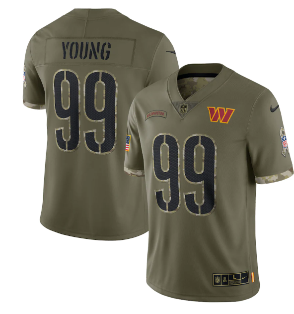 Men's Washington Commanders #99 Chase Young Olive 2022 Salute To Service Limited Stitched Jersey Men's Washington Commanders #99 Chase Young Olive 2022 Salute To Service Limited Stitched Jersey