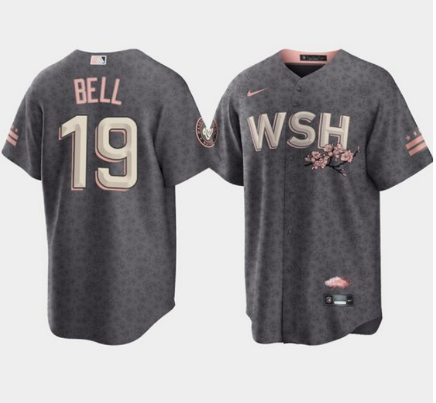 Men's Washington Nationals #19 Josh Bell 2022 Grey City Connect Cherry Blossom Cool Base Stitched Jersey Men's Washington Nationals #19 Josh Bell 2022 Grey City Connect Cherry Blossom Cool Base Stitched Jersey