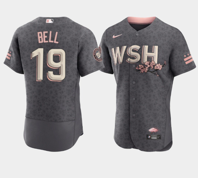 Men's Washington Nationals #19 Josh Bell 2022 Grey City Connect Cherry Blossom Flex Base Stitched MLB Jersey Men's Washington Nationals #19 Josh Bell 2022 Grey City Connect Cherry Blossom Flex Base Stitched MLB Jersey