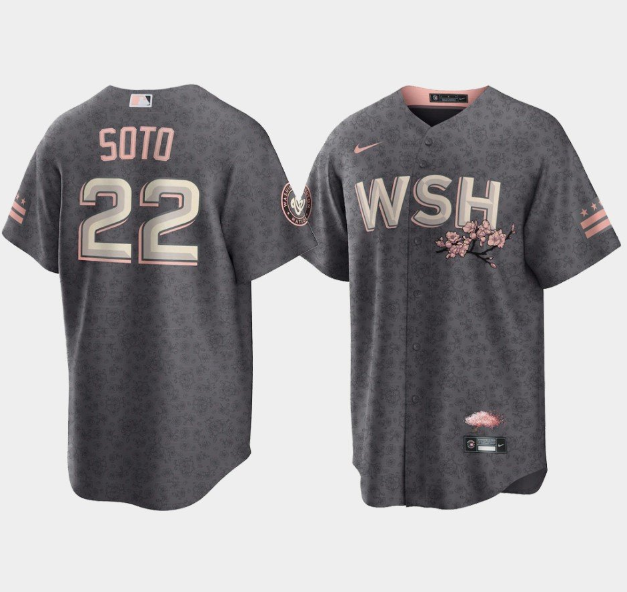 Men's Washington Nationals #22 Juan Soto 2022 Grey City Connect Cherry Blossom Cool Base Stitched Jersey Men's Washington Nationals #22 Juan Soto 2022 Grey City Connect Cherry Blossom Cool Base Stitched Jersey