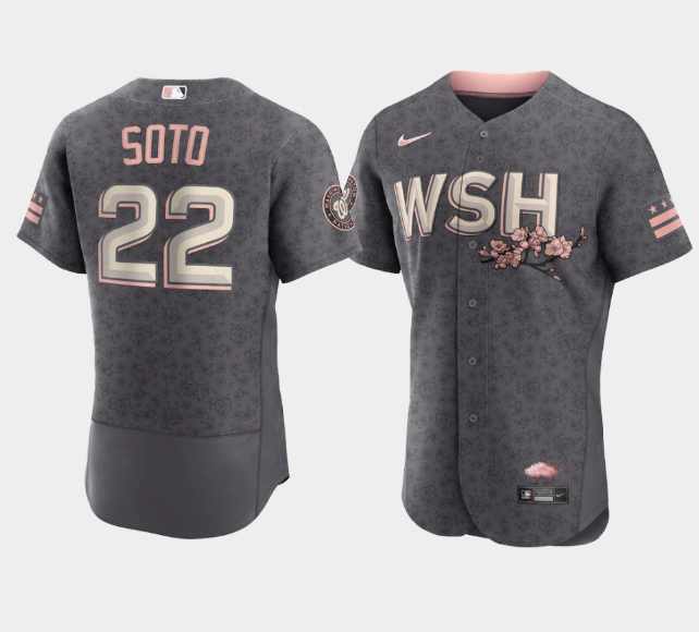 Men's Washington Nationals #22 Juan Soto 2022 Grey City Connect Cherry Blossom Flex Base Stitched MLB Jersey Men's Washington Nationals #22 Juan Soto 2022 Grey City Connect Cherry Blossom Flex Base Stitched MLB Jersey