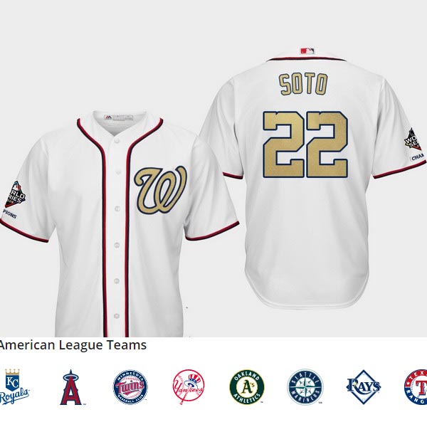 Men's Washington Nationals #22 Juan Soto White 2019 World Series Champions Gold Program Cool Base Jersey Men's Washington Nationals #22 Juan Soto White 2019 World Series Champions Gold Program Cool Base Jersey