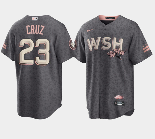 Men's Washington Nationals #23 Nelson Cruz 2022 Grey City Connect Cherry Blossom Cool Base Stitched Jersey Men's Washington Nationals #23 Nelson Cruz 2022 Grey City Connect Cherry Blossom Cool Base Stitched Jersey