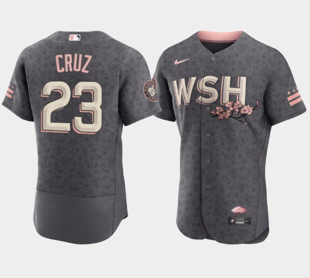 Men's Washington Nationals #23 Nelson Cruz 2022 Grey City Connect Cherry Blossom Flex Base Stitched MLB Jersey Men's Washington Nationals #23 Nelson Cruz 2022 Grey City Connect Cherry Blossom Flex Base Stitched MLB Jersey