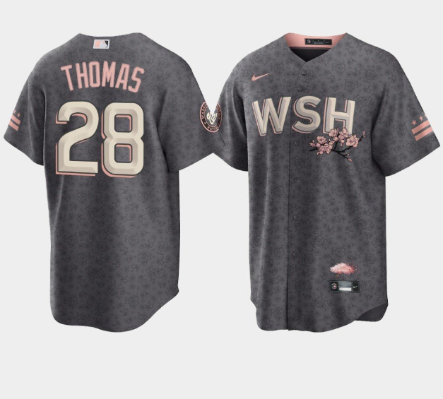 Men's Washington Nationals #28 Lane Thomas 2022 Grey City Connect Cherry Blossom Cool Base Stitched Jersey Men's Washington Nationals #28 Lane Thomas 2022 Grey City Connect Cherry Blossom Cool Base Stitched Jersey