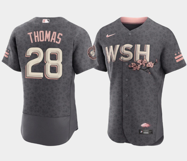 Men's Washington Nationals #28 Lane Thomas 2022 Grey City Connect Cherry Blossom Flex Base Stitched MLB Jersey Men's Washington Nationals #28 Lane Thomas 2022 Grey City Connect Cherry Blossom Flex Base Stitched MLB Jersey