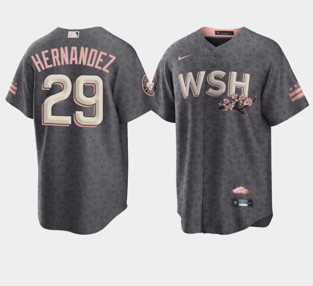 Men's Washington Nationals #29 Yadiel Hernandez 2022 Grey City Connect Cherry Blossom Cool Base Stitched Jersey Men's Washington Nationals #29 Yadiel Hernandez 2022 Grey City Connect Cherry Blossom Cool Base Stitched Jersey