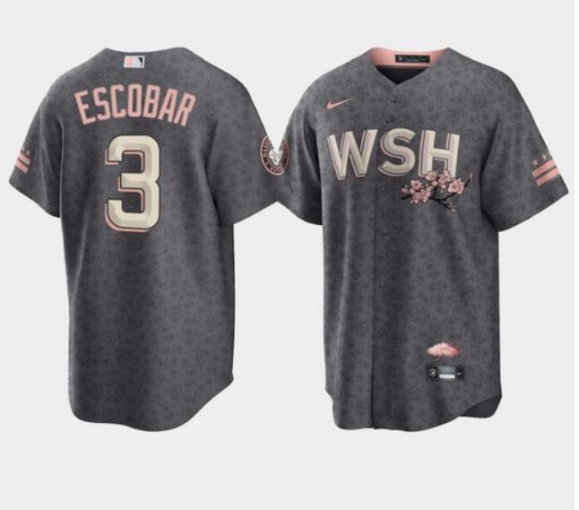 Men's Washington Nationals #3 Alcides Escobar 2022 Grey City Connect Cherry Blossom Cool Base Stitched Jersey Men's Washington Nationals #3 Alcides Escobar 2022 Grey City Connect Cherry Blossom Cool Base Stitched Jersey