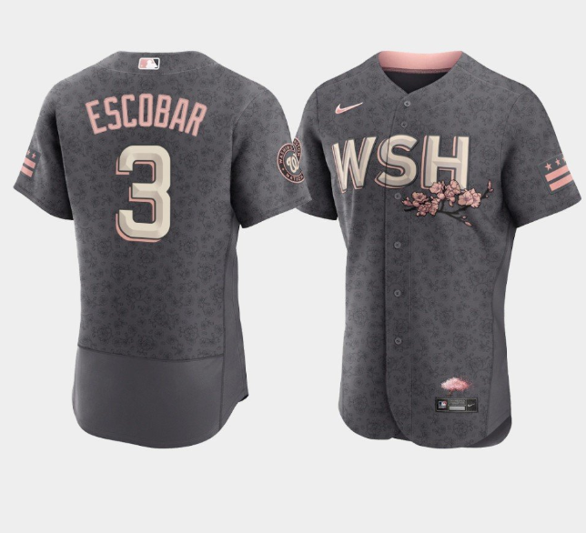 Men's Washington Nationals #3 Alcides Escobar 2022 Grey City Connect Cherry Blossom Flex Base Stitched MLB Jersey Men's Washington Nationals #3 Alcides Escobar 2022 Grey City Connect Cherry Blossom Flex Base Stitched MLB Jersey