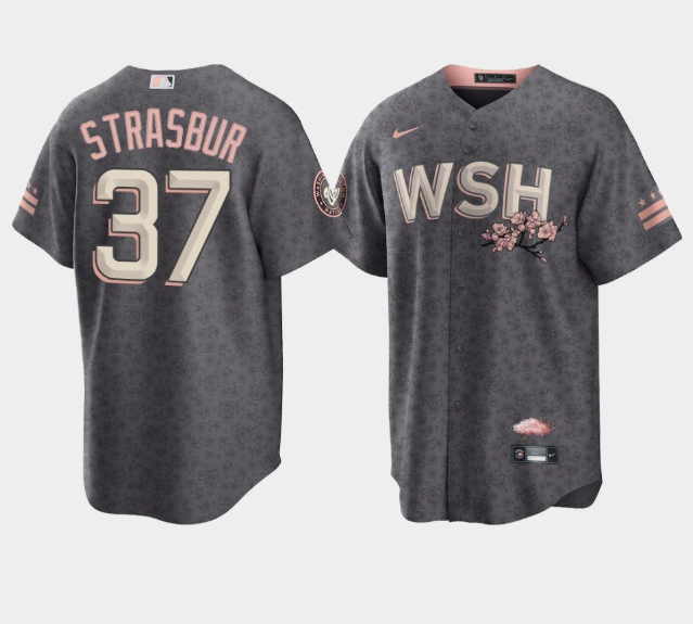 Men's Washington Nationals #37 Stephen Strasburg 2022 Grey City Connect Cherry Blossom Cool Base Stitched Jersey Men's Washington Nationals #37 Stephen Strasburg 2022 Grey City Connect Cherry Blossom Cool Base Stitched Jersey