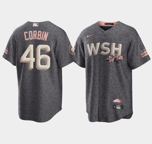 Men's Washington Nationals #46 Patrick Corbin 2022 Grey City Connect Cherry Blossom Cool Base Stitched Jersey Men's Washington Nationals #46 Patrick Corbin 2022 Grey City Connect Cherry Blossom Cool Base Stitched Jersey