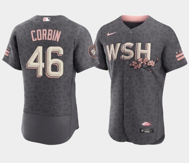 Men's Washington Nationals #46 Patrick Corbin 2022 Grey City Connect Cherry Blossom Flex Base Stitched MLB Jersey Men's Washington Nationals #46 Patrick Corbin 2022 Grey City Connect Cherry Blossom Flex Base Stitched MLB Jersey
