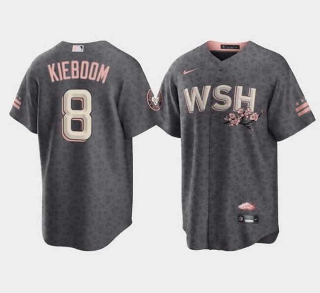Men's Washington Nationals #8 Carter Kieboom 2022 Grey City Connect Cherry Blossom Cool Base Stitched Jersey Men's Washington Nationals #8 Carter Kieboom 2022 Grey City Connect Cherry Blossom Cool Base Stitched Jersey