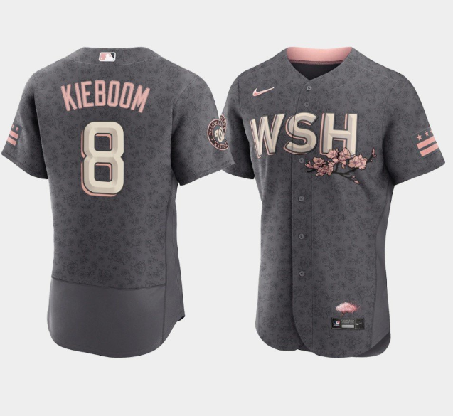 Men's Washington Nationals #8 Carter Kieboom 2022 Grey City Connect Cherry Blossom Flex Base Stitched MLB Jersey Men's Washington Nationals #8 Carter Kieboom 2022 Grey City Connect Cherry Blossom Flex Base Stitched MLB Jersey