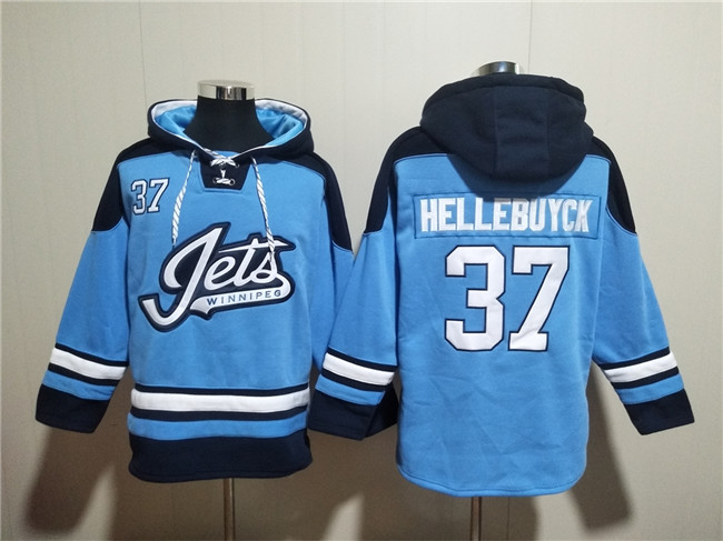 Men's Winnipeg Jets #37 Connor Hellebuyck Blue Lace-Up Pullover Hoodie Men's Winnipeg Jets #37 Connor Hellebuyck Blue Lace-Up Pullover Hoodie