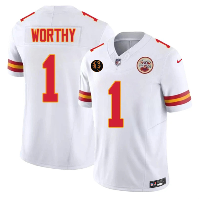 Men’s Kansas City Chiefs #1 Xavier Worthy White 2025 F.U.S.E. John Madden Patch Vapor Untouchable Limited Stitched Football Jersey Men’s Kansas City Chiefs #1 Xavier Worthy White 2025 F.U.S.E. John Madden Patch Vapor Untouchable Limited Stitched Football Jersey