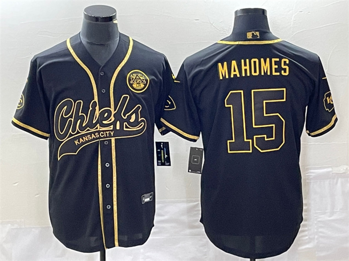 Men’s Kansas City Chiefs #15 Patrick Mahomes Black Gold Cool Bae Stitched Baseball Jersey Men’s Kansas City Chiefs #15 Patrick Mahomes Black Gold Cool Bae Stitched Baseball Jersey