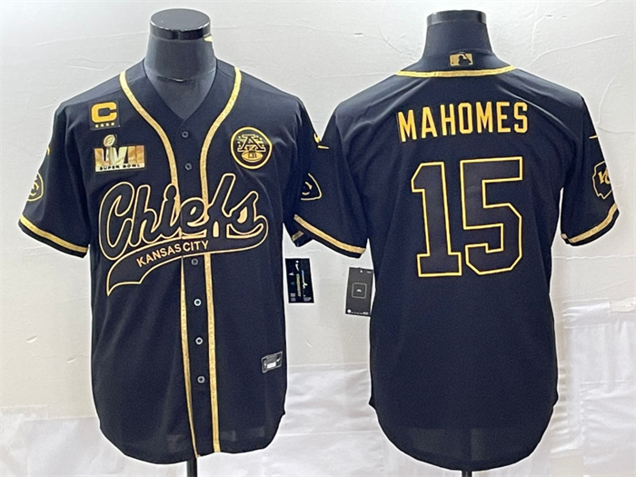 Men’s Kansas City Chiefs #15 Patrick Mahomes Black Gold With 4-Star C Patch And Super Bowl LVII Patch Cool Bae Stitched Baseball Jersey Men’s Kansas City Chiefs #15 Patrick Mahomes Black Gold With 4-Star C Patch And Super Bowl LVII Patch Cool Bae Stitched Baseball Jersey