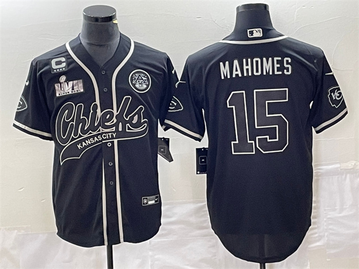 Men’s Kansas City Chiefs #15 Patrick Mahomes Black With 4-Star C Patch And Super Bowl LVII Patch Cool Bae Stitched Baseball Jersey Men’s Kansas City Chiefs #15 Patrick Mahomes Black With 4-Star C Patch And Super Bowl LVII Patch Cool Bae Stitched Baseball Jersey
