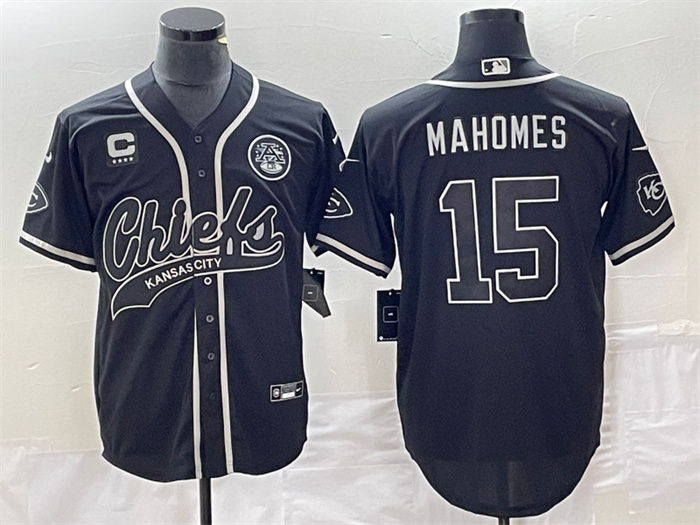 Men’s Kansas City Chiefs #15 Patrick Mahomes Black With 4-Star C Patch Cool Bae Stitched Baseball Jersey Men’s Kansas City Chiefs #15 Patrick Mahomes Black With 4-Star C Patch Cool Bae Stitched Baseball Jersey