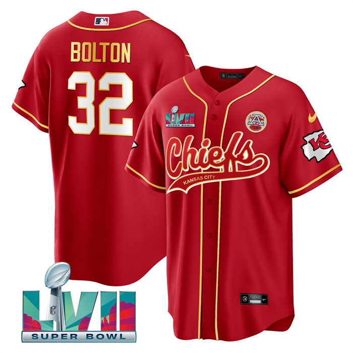 Men’s Kansas City Chiefs #32 Nick Bolton Red Super Bowl LVII Patch Cool Bae Stitched Baseball Jersey Men’s Kansas City Chiefs #32 Nick Bolton Red Super Bowl LVII Patch Cool Bae Stitched Baseball Jersey