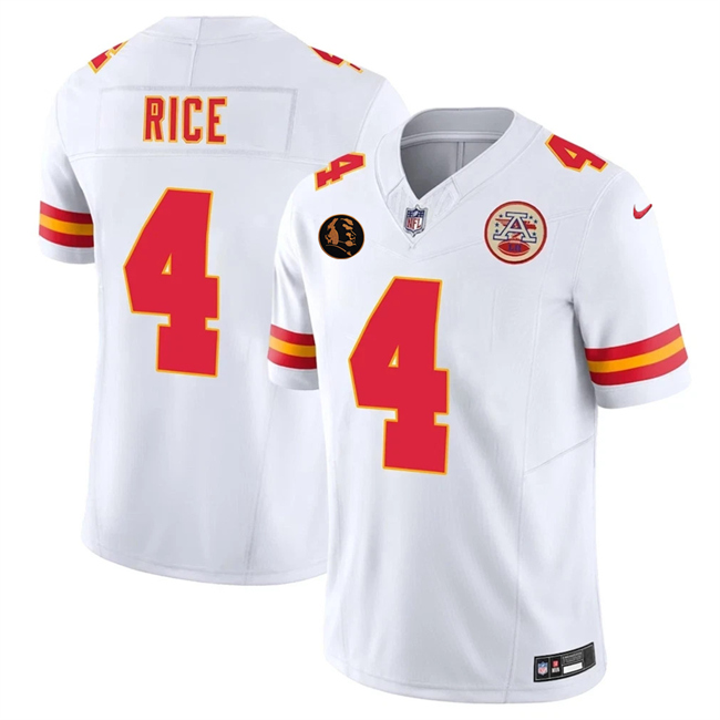 Men’s Kansas City Chiefs #4 Rashee Rice White 2025 F.U.S.E. John Madden Patch Vapor Untouchable Limited Stitched Football Jersey Men’s Kansas City Chiefs #4 Rashee Rice White 2025 F.U.S.E. John Madden Patch Vapor Untouchable Limited Stitched Football Jersey