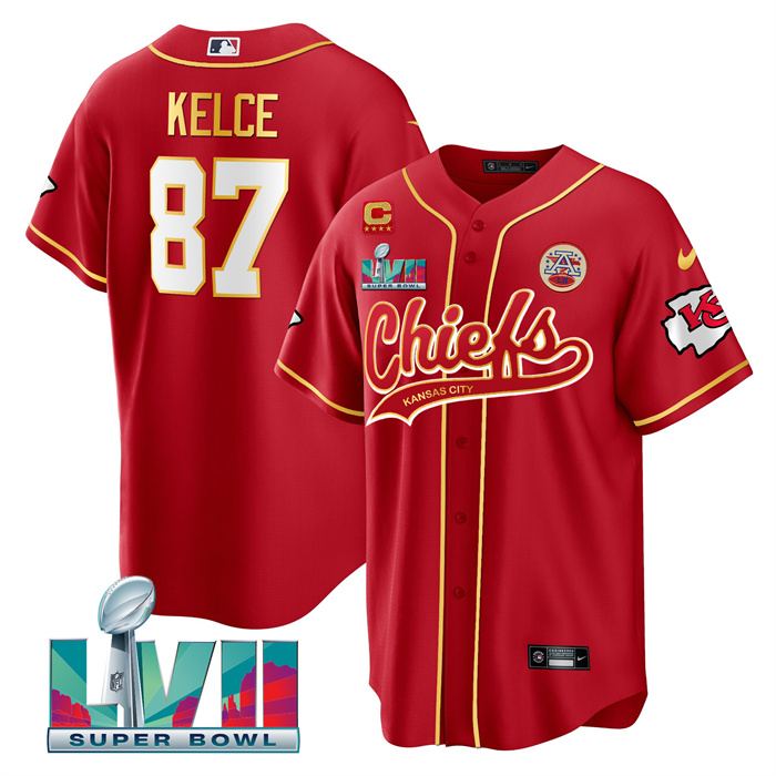 Men’s Kansas City Chiefs #87 Travis Kelce Red With 4-Star C Patch And Super Bowl LVII Patch Cool Bae Stitched Baseball Jersey Men’s Kansas City Chiefs #87 Travis Kelce Red With 4-Star C Patch And Super Bowl LVII Patch Cool Bae Stitched Baseball Jersey