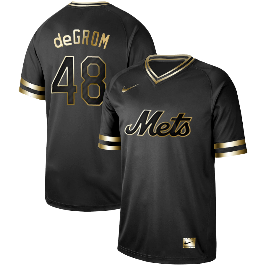 Mets 48 Jacob DeGrom Black Gold Nike Cooperstown Collection Legend V Neck Jersey